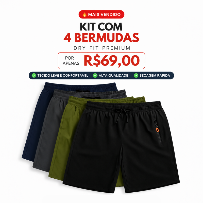 🔥 Kit 4 Bermudas DryFit Premium Performance - Secagem rápida, Bolso com Zíper e Ajuste Anatômico | FRETE GRÁTIS